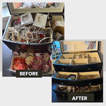 Before and after of a decluttered, neatly organized bedroom closet