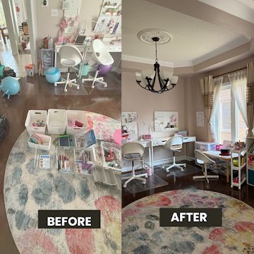 Before and after of an organized craft room with sorted supplies