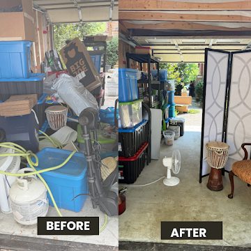 Before and after of a cleared and organized garage