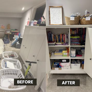 Before and after of a tidy pantry with categorized food storage