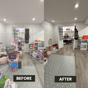 Before and after of an organized storage area with stackable bins