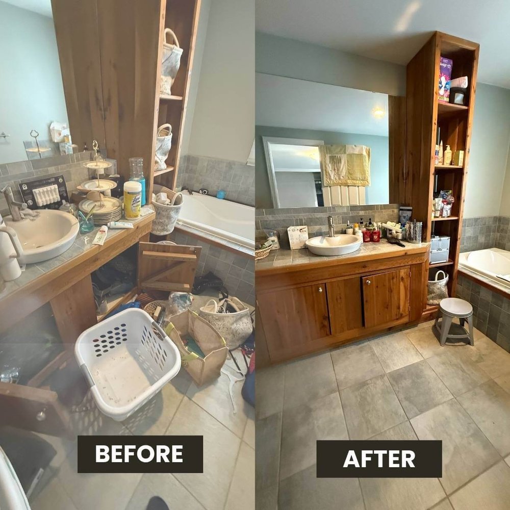 Organized bathroom vanity and drawers with sorted toiletries
