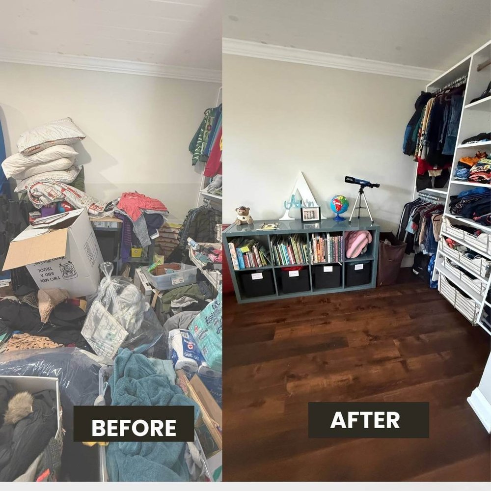 Organized child's closet with accessible clothing and bins