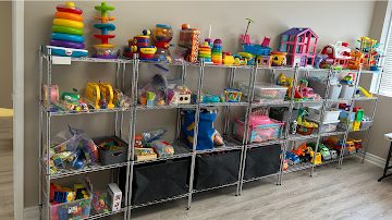 Children's room shelves with neatly organized books and toys