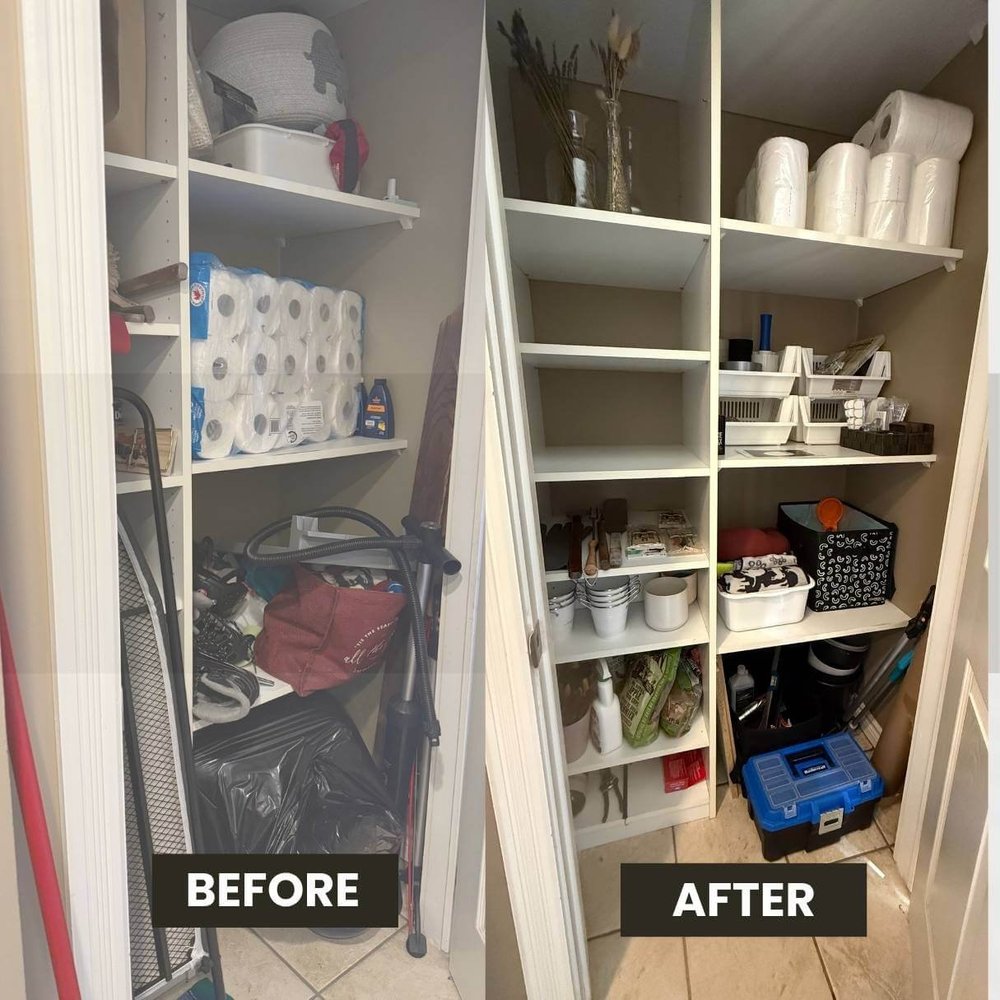 Organized laundry room with labeled supplies and folded linens