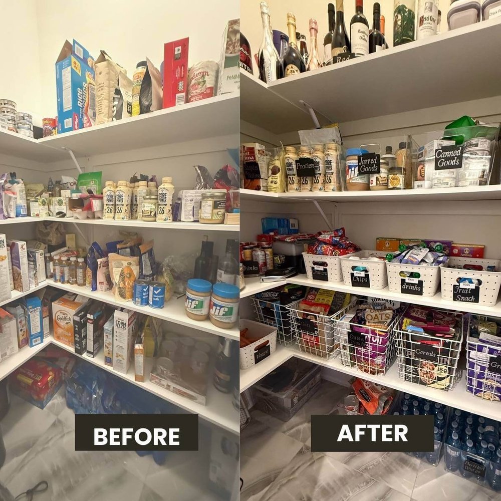 Fully organized kitchen pantry with labeled bins and jars