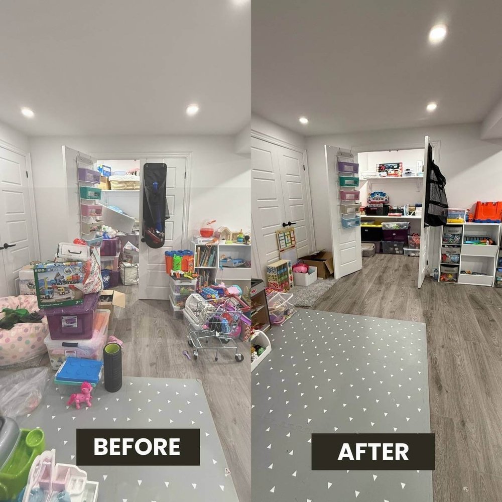 Organized children's playroom with sorted toy storage