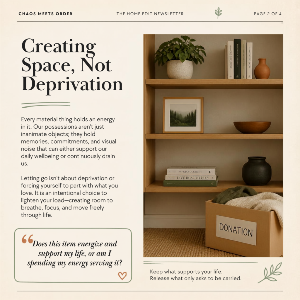 Organized wooden bookshelf with natural home decor and a cardboard donation box