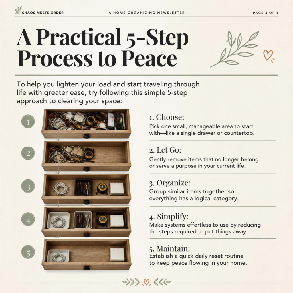 5 step drawer organization showing a clean step by step home decluttering process